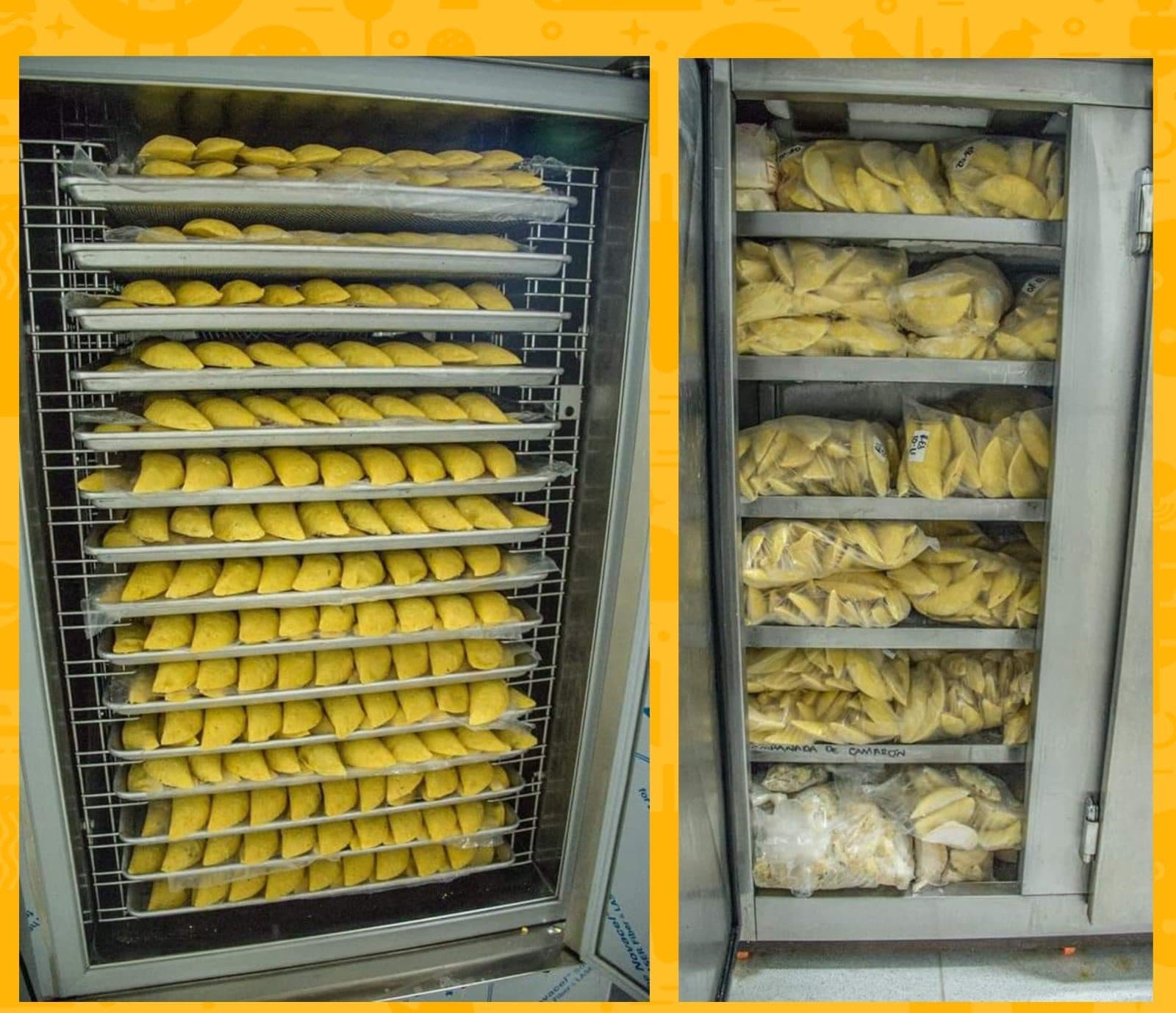 Cuarto frío de Croky con bandejas y bolsas de empanadas rotuladas por sabor